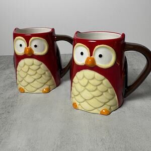 Tag Brand 3D Ceramic Stoneware Hand-Painted Red Owl Coffee Tea Mugs